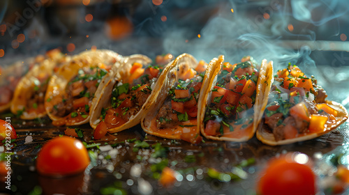 Savor the experience of enjoying delectable tacos made with fresh ingredients in a smoky ambience. Perfect for food blogs, culinary websites, and highlighting Mexican cuisine