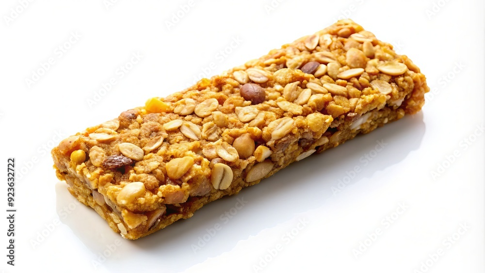 A freshly unwrapped granola bar sits on a clean white background, its golden brown color and chunky texture appealingly lit from above.