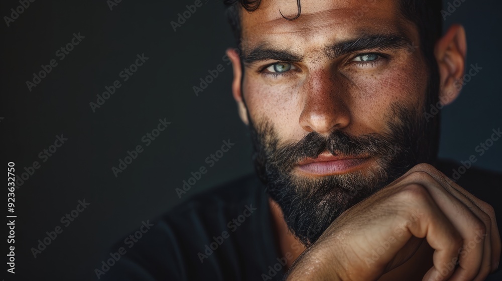 Fototapeta premium Serious man with a beard and intense gaze posing against a dark background in early evening light