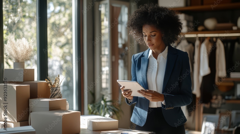 A woman reviews her tablet amidst neatly arranged boxes and greenery A woman reviews her tablet amidst neatly arranged boxes and greenery