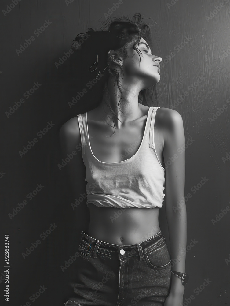 Young Woman Glancing Up in Monochrome Studio Setting