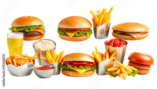 Multiple type of Fast food isolated with white highlights, png photo