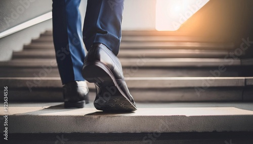 Person taking a step on a staircase, symbolizing progress, movement, and action.
