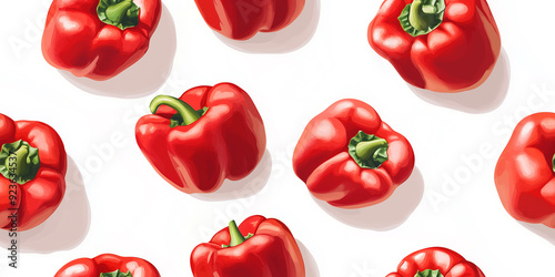 Red bell peppers with green stems on a white background, providing a crisp, clean look, seamless pattern