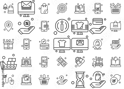 Mega Set Of Vector Online Shopping Line Vector Symbols Apps, Websites Ui Designs Suitable For Online-Shopping,Bag,Shopping,Mobile,Phone Solid Icon Collection. Vector Illustration