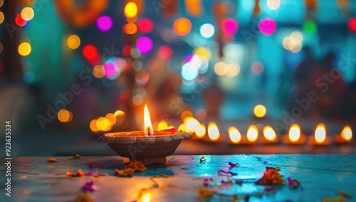 A festive display of colorful clay oil lamps, or diya, lit during the Hindu festival Diwali. photo