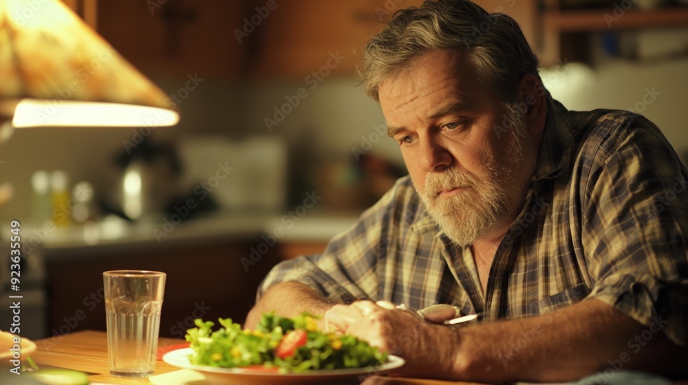 Tired Heavyset Man Contemplating Salad at Cozy Kitchen Table Tired Heavyset Man Contemplating Salad at Cozy Kitchen Table
