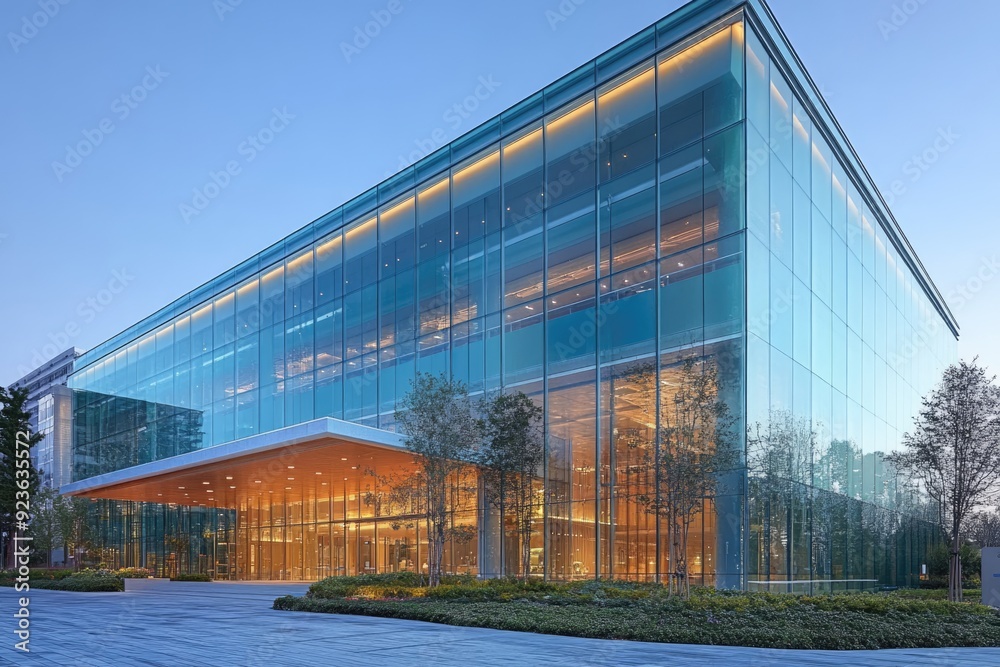 Modern Glass Facade Building with Illuminated Interior at Dusk Modern Glass Facade Building with Illuminated Interior at Dusk