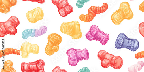 Assorted gummy candies in various shapes and colors, from bears to worms, all looking chewy and fun, seamless pattern