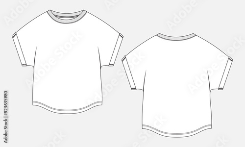  T shirt tops technical drawing fashion flat sketch vector illustration template for ladies