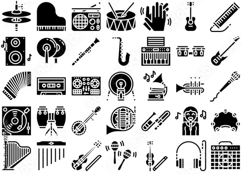 Set Of Linear Music Solid Vector Symbols Apps, Websites Ui Designs Suitable For Music,Musical,Instrument,Drum,Cymbal Vector Icons Illustration Collection