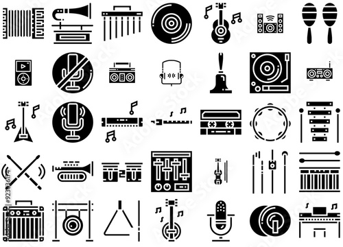 Set Of Music Solid Vector Symbols Apps, Websites Ui Designs Suitable For Technology,Orchestra,Sound,Audio,Music Set Vector Flat Line Icons