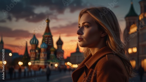 Beautiful young woman on the background of the Moscow Kremlin at sunset