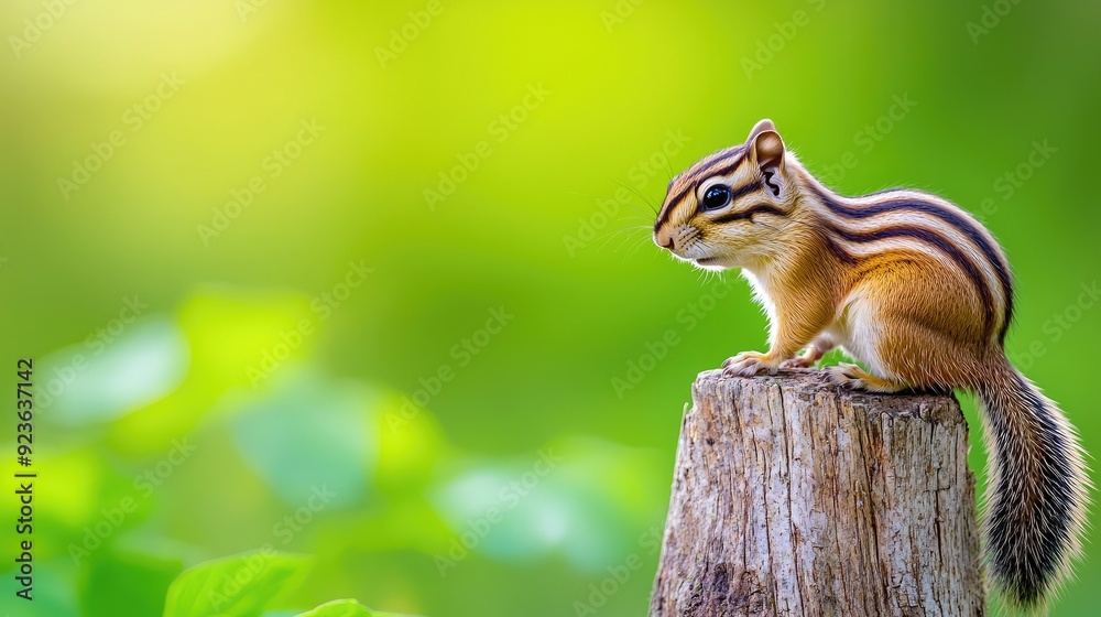 A charming chipmunk perched on a stump, showcasing its distinctive stripes against a soft, green background. A charming chipmunk perched on a stump, showcasing its distinctive stripes against a soft, green background.