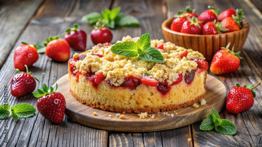 Sweet strawberry yeast cake with crumble topping and fresh fruits , dessert, baked goods, homemade, bakery, delicious Sweet strawberry yeast cake with crumble topping and fresh fruits , dessert, baked goods, homemade, bakery, delicious