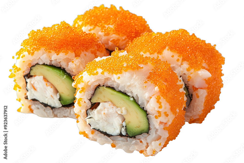 Piece of California roll with crab and avocado isolated on white background Piece of California roll with crab and avocado isolated on white background