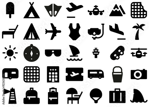 Set Of Material Design Holiday Glyph Icons Collection Isolated Silhouette Solid Icons Including Plane,Trip,Sun,Sea,Airplane Vector Illustration Linear Pictogram Pack