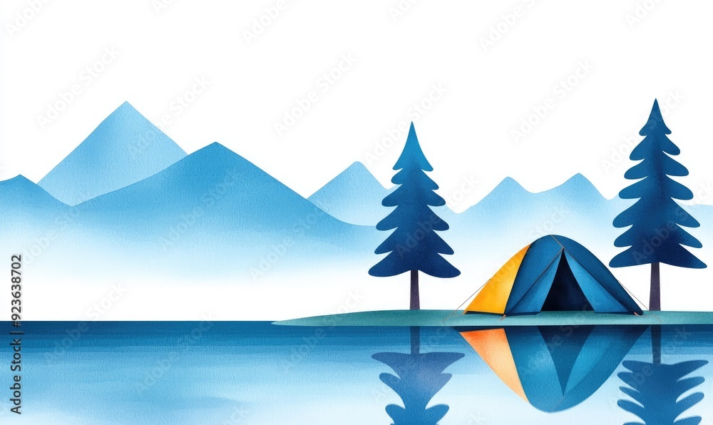 A serene camping scene featuring a colorful tent by a tranquil lake surrounded by majestic mountains and tall pine trees. A serene camping scene featuring a colorful tent by a tranquil lake surrounded by majestic mountains and tall pine trees.