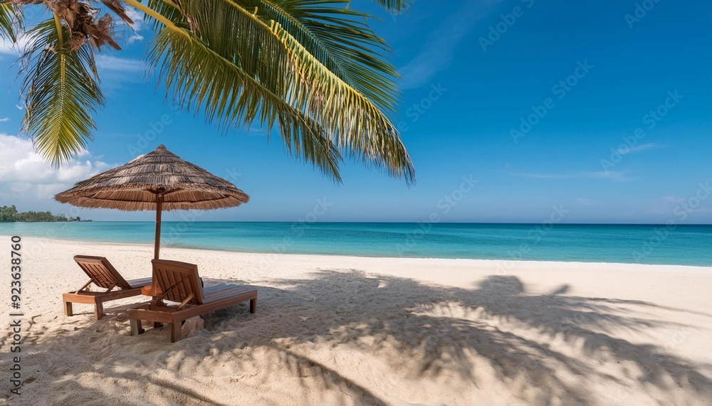 Serene Beach Scene With Palm Tree and Sun Loungers on a Sunny Day Serene Beach Scene With Palm Tree and Sun Loungers on a Sunny Day
