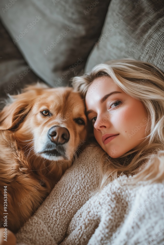 A woman is laying on a couch with a golden retriever. The dog is laying on her chest A woman is laying on a couch with a golden retriever. The dog is laying on her chest