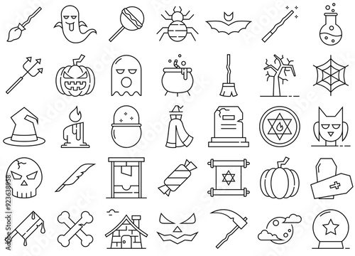 Set Of Linear Magic Realm Icons Silhouette Vector Logo Design Containing Scary,Witch,Halloween,Horror,Magic Vector Icon Set Linear Pictogram Pack photo