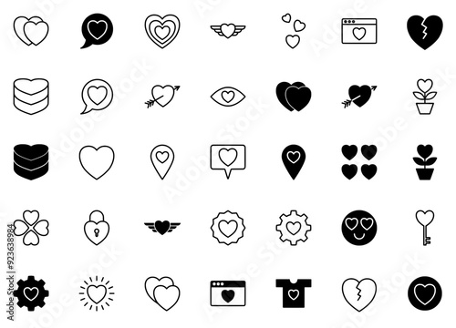 Set Of Linear Love Vector Symbols Apps, Websites Ui Designs Suitable For Romance,Like,Romantic,Love,Heart Stroke Icon Collection. Vector Illustration