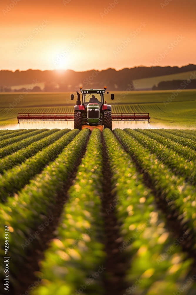 A tractor is spraying a field of corn. The sun is setting in the background, casting a warm glow over the scene. Concept of hard work and dedication to the land, as the farmer tends to his crops A tractor is spraying a field of corn. The sun is setting in the background, casting a warm glow over the scene. Concept of hard work and dedication to the land, as the farmer tends to his crops