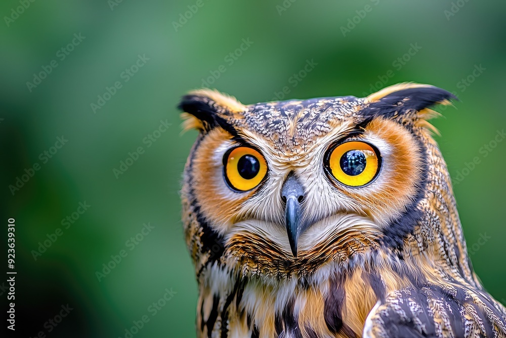 A stunning close-up of an owl, showcasing its vibrant eyes and intricate feather patterns against a blurred green backdrop. A stunning close-up of an owl, showcasing its vibrant eyes and intricate feather patterns against a blurred green backdrop.