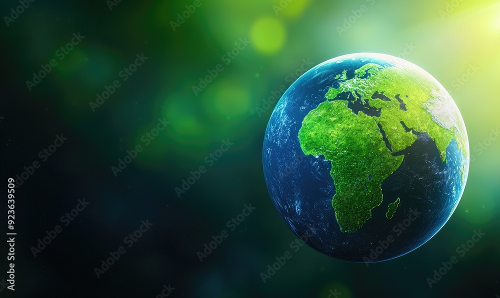 A stunning view of Earth from space, showcasing vibrant green landscapes and blue oceans under a bright sun. A stunning view of Earth from space, showcasing vibrant green landscapes and blue oceans under a bright sun.