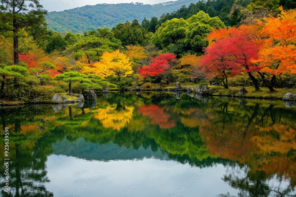 A beautiful lake with trees surrounding it. The trees are in various colors, including yellow, orange, and red. The water is calm and reflects the trees and sky. The scene is peaceful and serene