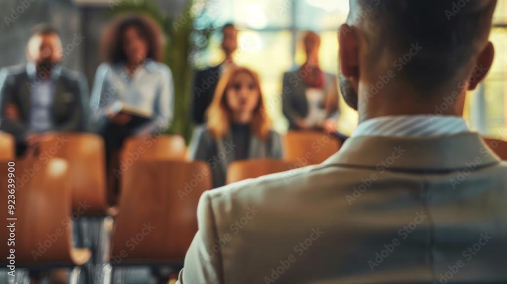 A speaker addresses an attentive audience in a modern conference space filled with sunlight and greenery, fostering a collaborative atmosphere A speaker addresses an attentive audience in a modern conference space filled with sunlight and greenery, fostering a collaborative atmosphere