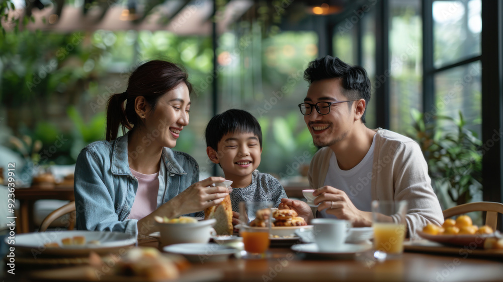 A joyful family of three, smiling and enjoying breakfast together at a cozy café, with a warm and inviting atmosphere.