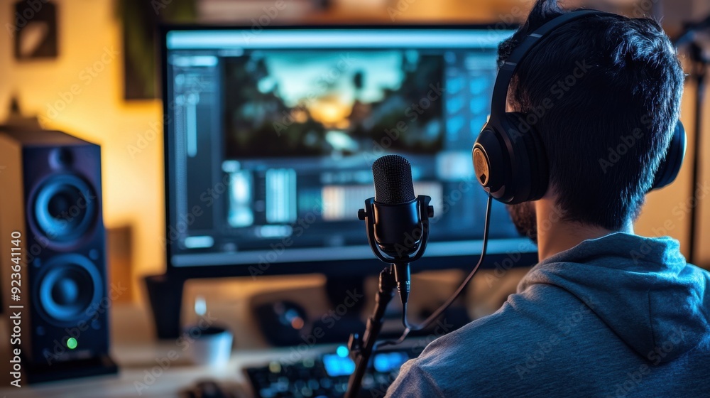Professional Podcaster Broadcasting Live Stream with Microphone and Recording Equipment Professional Podcaster Broadcasting Live Stream with Microphone and Recording Equipment