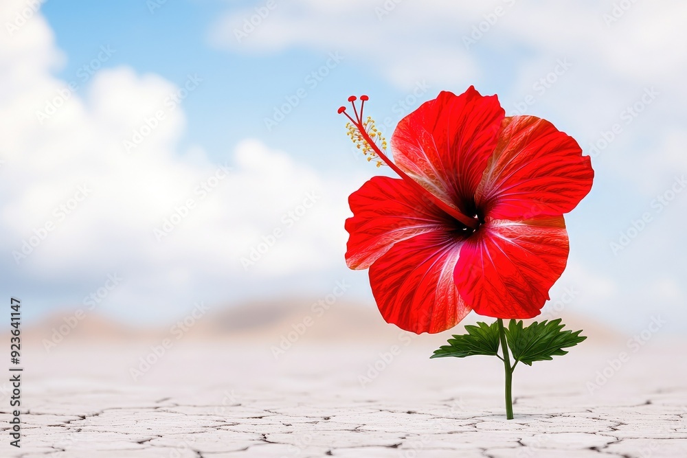 A vibrant red hibiscus flower blooming in a dry landscape under a bright blue sky, symbolizing resilience and beauty. A vibrant red hibiscus flower blooming in a dry landscape under a bright blue sky, symbolizing resilience and beauty.
