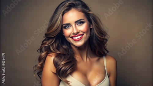 A stunning, healthy-looking woman with a beautiful smile confidently showcases her curvaceous figure, highlighting her full, toned, and naturally enhanced feminine beauty. photo