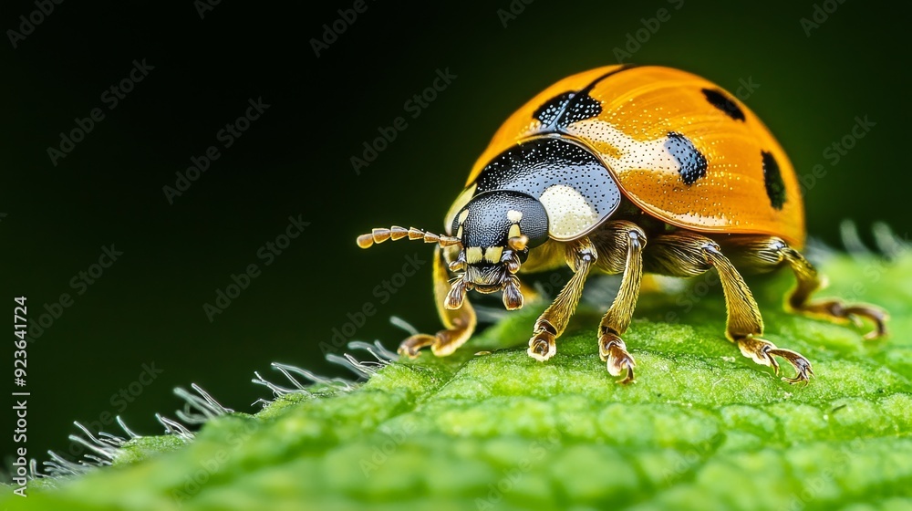 Close-up macro shot of a ladybug on a leaf with fine details of its shell and antennae Close-up macro shot of a ladybug on a leaf with fine details of its shell and antennae