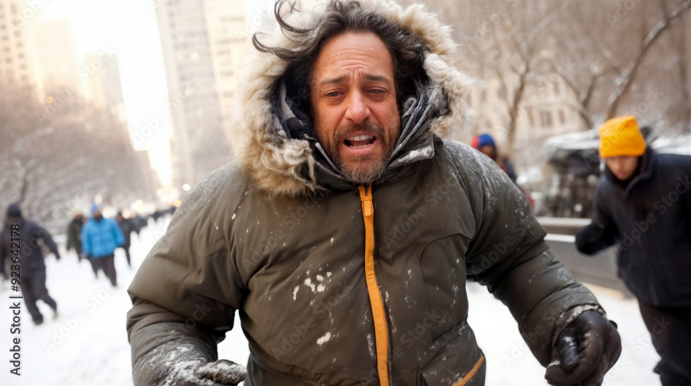 Man in warm winter clothes running in a snowstorm in the city. Lifestyle, winter, weather concept. Image for design, blog, article, news Man in warm winter clothes running in a snowstorm in the city. Lifestyle, winter, weather concept. Image for design, blog, article, news