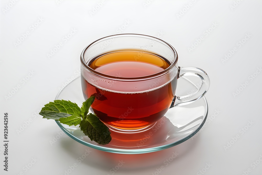 Clear glass mug with tea and mint leaf on white background, clean presentation. Clear glass mug with tea and mint leaf on white background, clean presentation.