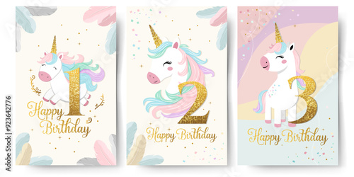 Set of Happy birthday cards with cute unicorn and numbers 1 2 3. Gentle templates, frames. Golden horn