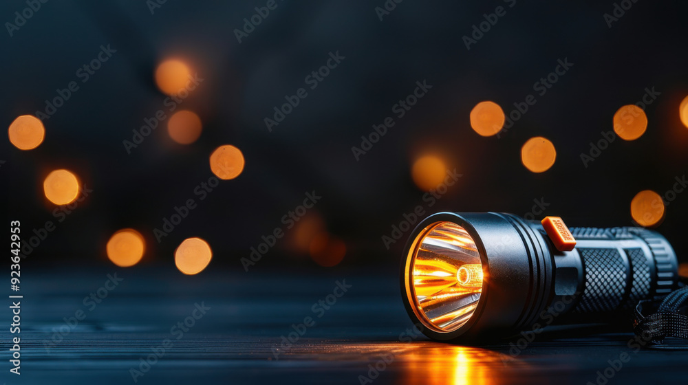 A bright flashlight lies on a dark surface, surrounded by warm bokeh lights, creating a cozy, focused ambiance. A bright flashlight lies on a dark surface, surrounded by warm bokeh lights, creating a cozy, focused ambiance.