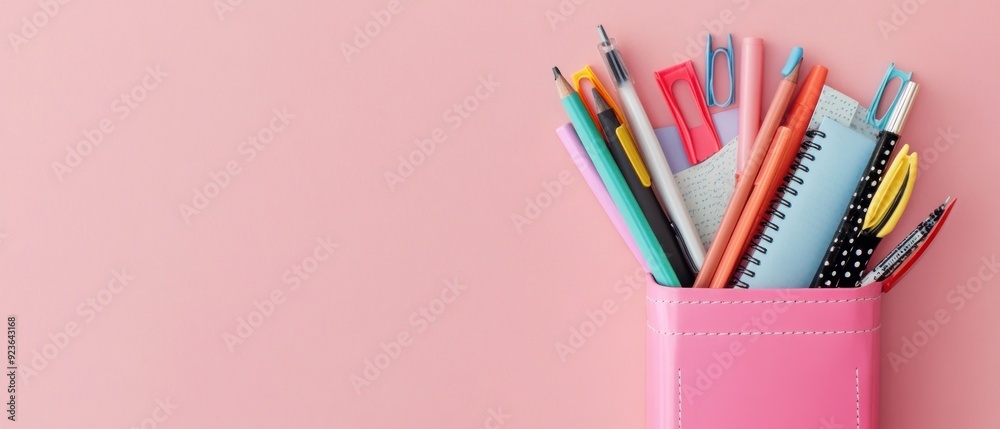 Fototapeta premium Pink Case with Various Writing Utensils and a Notebook