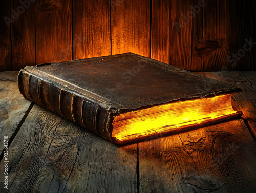 This image portrays an ancient, glowing book lying on a wooden surface, exuding a mystical and magical atmosphere that hints at hidden knowledge and secrets.