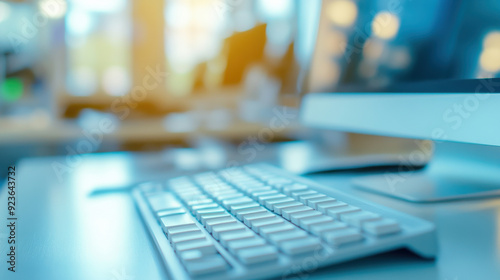 White computer keyboard in a blurred office background, suggesting a sleek and efficient work setting.