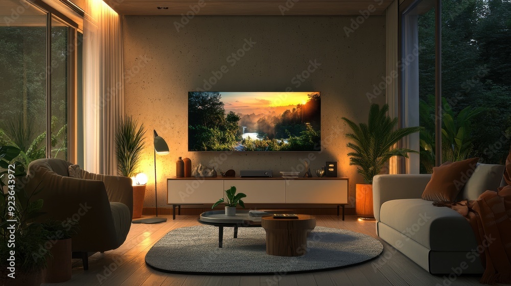 Tranquil Modern Living Room with Smart TV Streaming Nature Documentary and Stylish Décor Tranquil Modern Living Room with Smart TV Streaming Nature Documentary and Stylish Décor