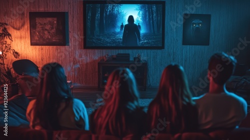 Thrilling Movie Night: Friends Watching Scary Film on Big Screen in Living Room with Suspense and Excitement
