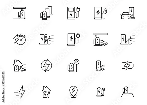 Car charging station icon set. Simple outline style. EV, electric socket station, car plugged to charge, battery, technology concept. Thin line symbol. Vector illustration isolated.