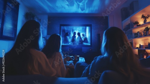 Intense Horror Movie Night: Friends Watching Scary Film on Big TV in Living Room