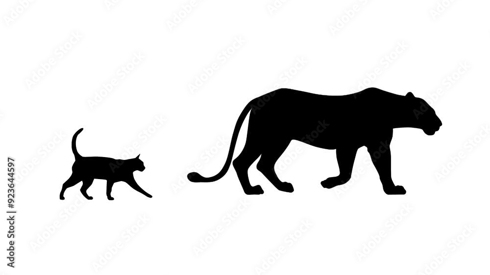 Silhouettes of lion and cat walking together, animation on the white background (seamless loop)