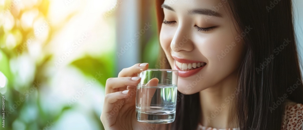 Woman smiling while drinking water from a glass Woman smiling while drinking water from a glass