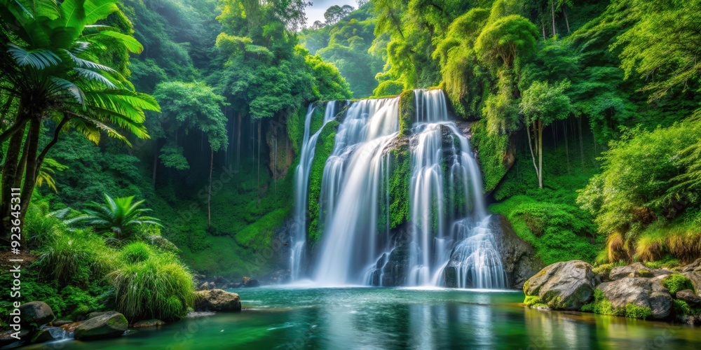 Fototapeta premium Waterfall cascading through lush green jungle landscape , Waterfall, cascading, dense, green, jungle, landscape, nature